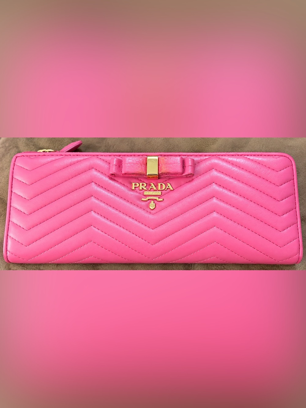 Prada Hot Pink Quilted Leather Mini Wallet with Gold Bow